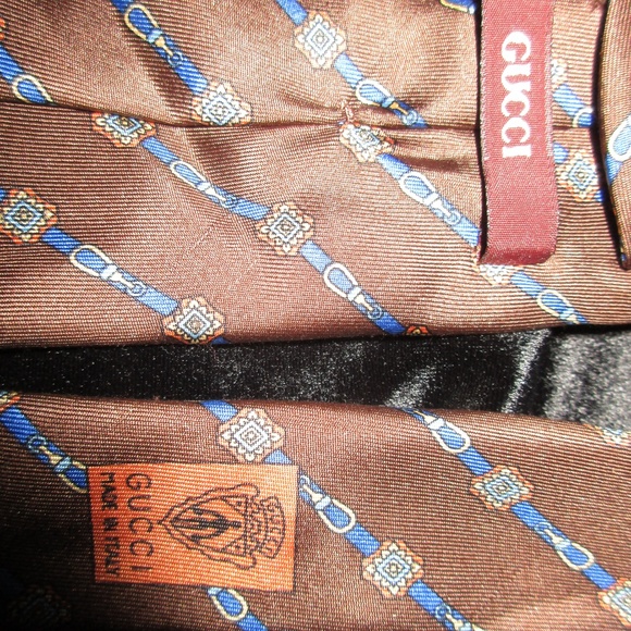 VTG GUCCI SILK SKINNY TIE BROWN BLUE BELTS DESIGN - Picture 7 of 8